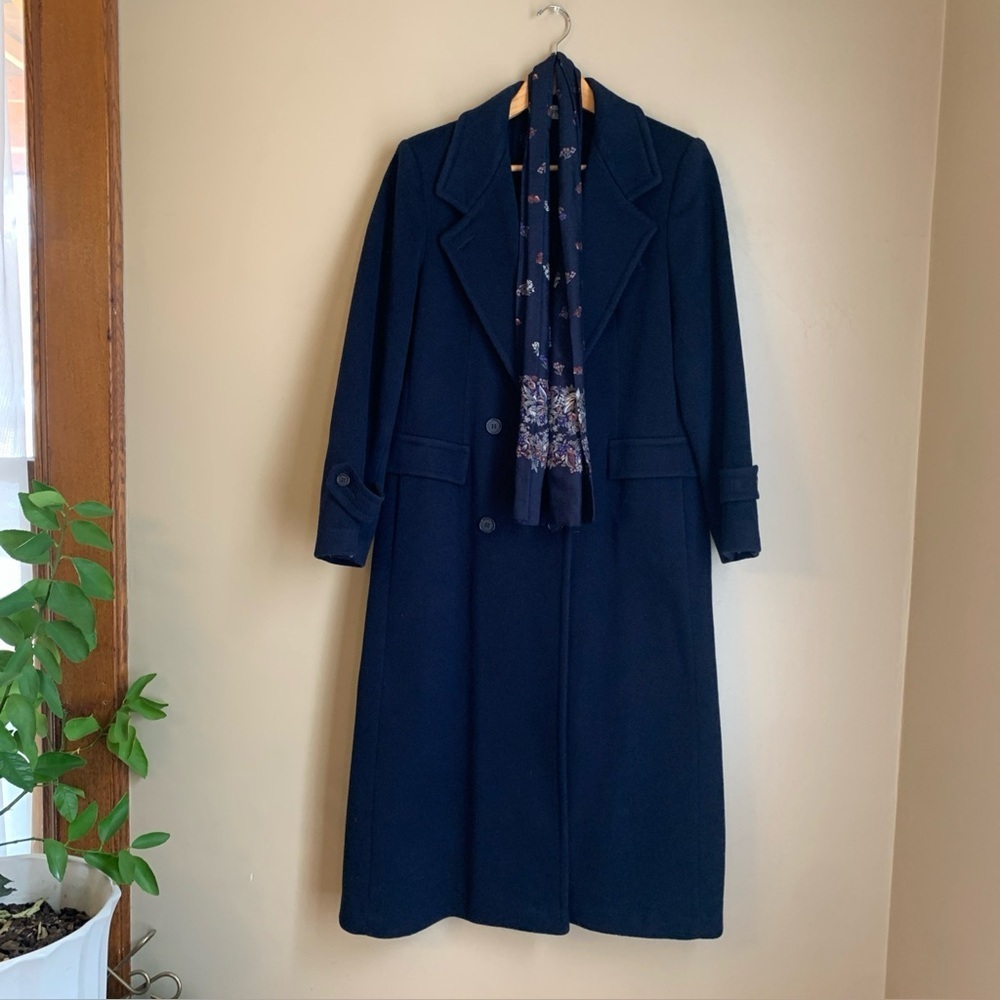 Vtg Forecaster of Boston Double Breasted Navy Wool Coat W12 Lined Matching Scarf